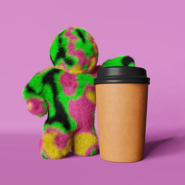 可爱的毛绒彩虹雪人纸咖啡杯模型3D渲染。热饮外卖彩色横幅设计。图片下载