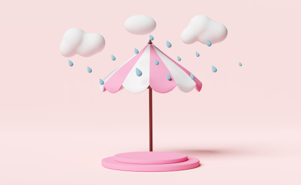 舞台讲台空有伞，云，雨滴隔离在粉红色背景上，保护和安全概念，3d插图或3d渲染图片下载