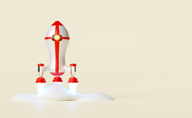 红白色的太空飞船或火箭发射，烟雾隔离在米色背景上。启动模板或业务概念，3d插图或3d渲染图片下载