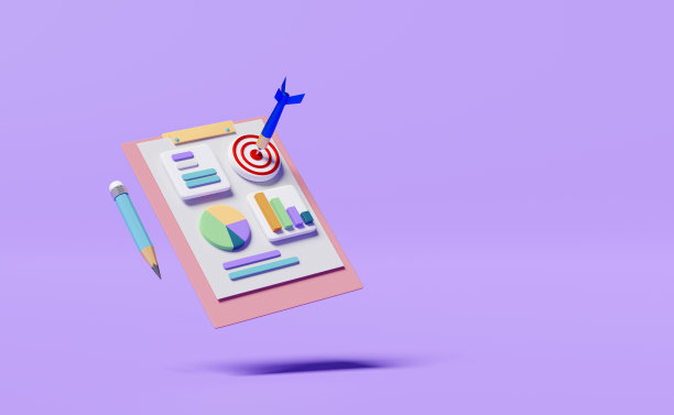 图表，图表与分析业务财务数据，白色剪贴板清单，目标，飞镖或箭头，铅笔孤立在紫色背景，业务战略概念，3d插图或3d渲染图片下载