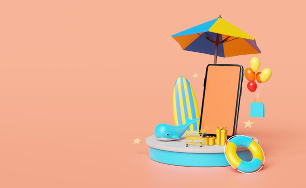 舞台讲台上有手机，智能手机，雨伞，气球，鲸鱼，购物纸袋，救生圈，冲浪板隔离在橙色背景上。网上购物夏季销售概念，3d插图，3d渲染图片下载