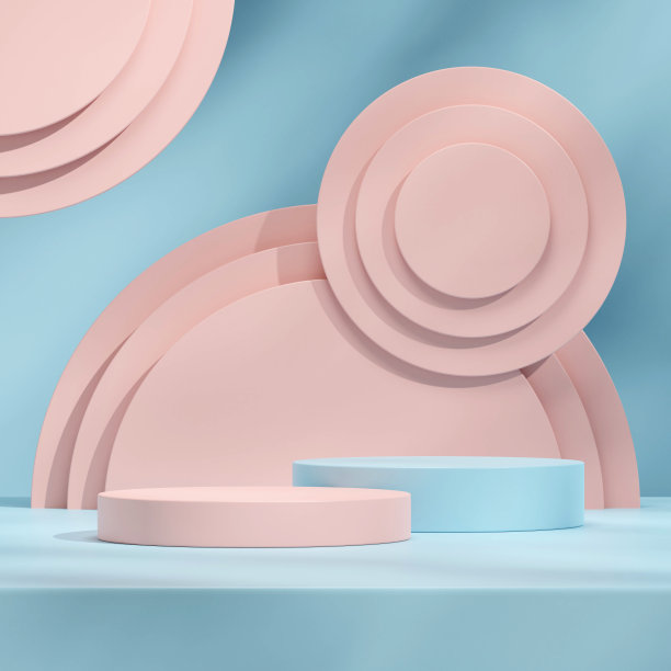 粉红色和蓝色的场景3d渲染模型模板讲台在正方形与圆形背景图片下载