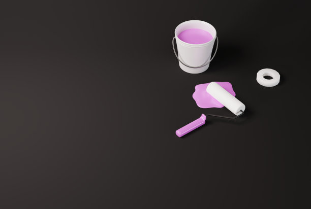 油漆辊，油漆桶和一些溢出的油漆。图片下载