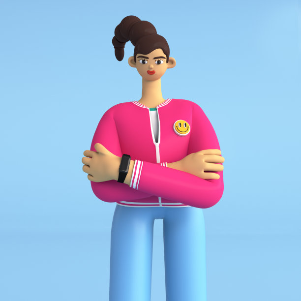 3d自信的女性双手交叉站立。网络或应用程序彩色肖像或头像。3d渲染插图。图片下载