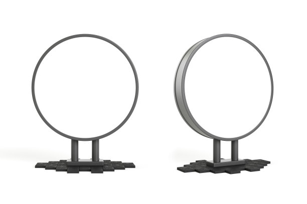 设置空白模拟圆形街道海报广告牌孤立的白色背景。户外亭子城市广告。城市景观空白广告牌供用户修改。空白广告。三维渲染图片下载