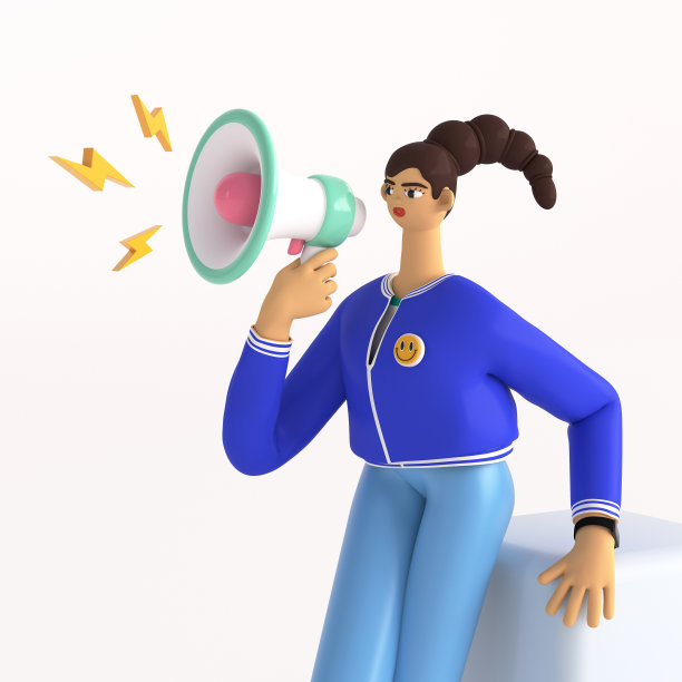 可爱的年轻女子正在宣布或发言。广告和公关概念形象。女性角色拿着扩音器说话。3d渲染插图。图片下载