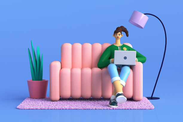 有创意的女人坐在沙发上，在家用笔记本电脑工作的3D插图。在线教育、远程工作、市场营销和社交媒体概念。在彩色背景上渲染图像。图片下载