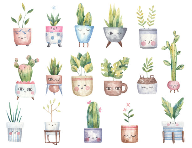 套装的家庭和热带花卉在花盆可爱的脸和眼睛，儿童水彩插图在白色背景图片下载