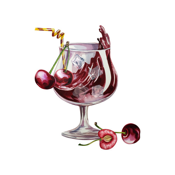 一杯樱桃汁，水果饮料。水彩插图。孤立。用于设计标签，包装和横幅。图片下载
