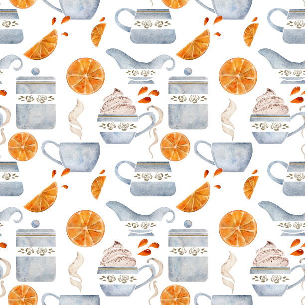 水彩手绘无缝模式与咖啡杯，豆子，叶子，橘子，罐子和奶油。孤立在白色背景上。用于邀请，咖啡馆，餐厅的食物菜单，打印，网站，卡片图片下载