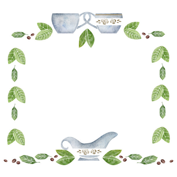 水彩手绘边框瓷和金咖啡杯，烘豆，绿叶，奶油。孤立在白色背景的邀请，咖啡馆，餐厅的食物菜单，打印，网站，卡片图片下载