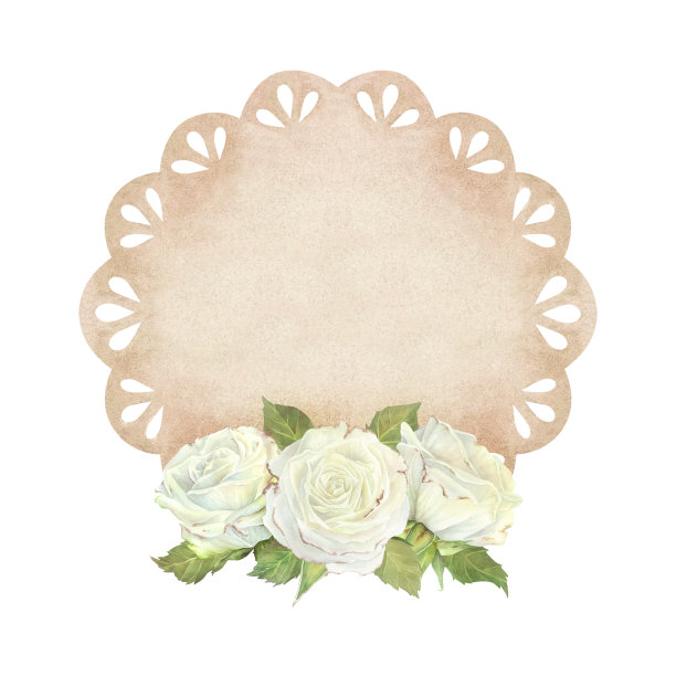 米色蕾丝桌巾与白玫瑰和叶子。铭文或文字的地方。水彩插图。孤立在白色背景上。贺卡、婚礼请柬、剪贴簿的设计图片下载