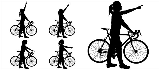 大集合的女性自行车剪影。骑自行车的女孩。一个女人骑着自行车，她的手向前指向两侧。搜索路线。骑自行车。侧视图。黑色剪影隔离图片下载