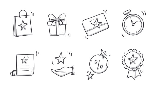 涂鸦礼物，折扣优惠券图标集。手绘素描风格奖金奖品，忠诚计划图标。金钱奖励程序提供涂鸦。向量图片下载