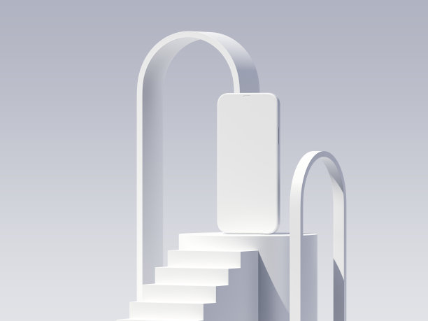 白粘土智能手机模型的正面视图在白色形状讲台和楼梯，3d渲染。最小的概念图片下载