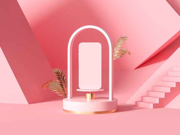 粉色智能手机模型的正面视图在粉红色和金色的形状讲台，手掌和楼梯的背景，3d渲染。最小夏季概念图片下载
