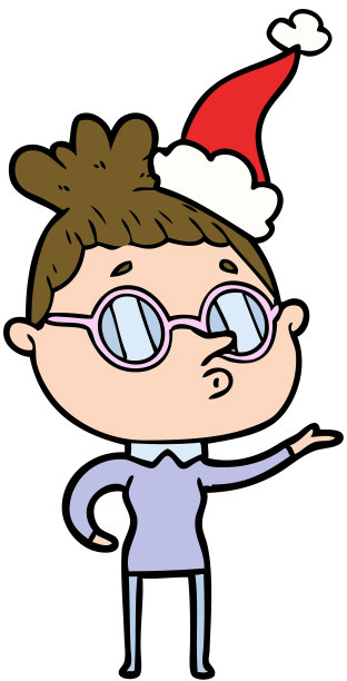 手绘线画的一个女人戴着眼镜，戴着圣诞老人的帽子图片下载