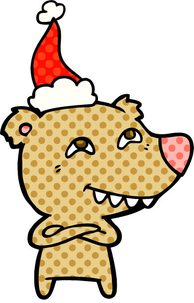 手绘漫画风格的熊显示牙齿戴着圣诞老人帽子的插图图片下载