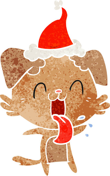 手绘复古卡通，一只气喘吁吁的狗戴着圣诞老人的帽子图片下载