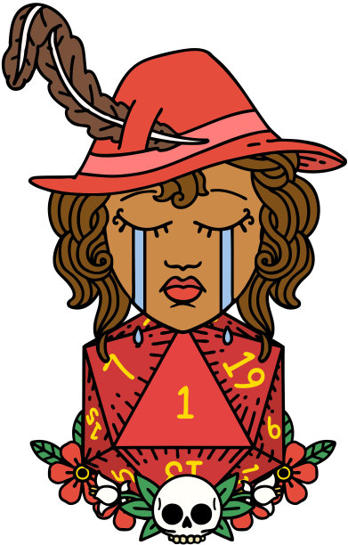 复古纹身风格哭泣的人类吟游诗人与自然一个D20骰子滚动图片下载