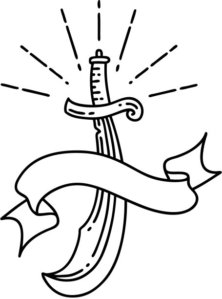 滚动横幅与黑线工作刺青风格弯刀剑图片下载