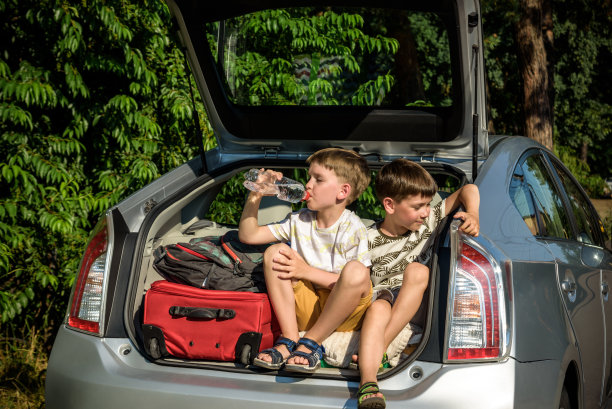 两个可爱的男孩坐在汽车后备箱里，然后和父母一起去度假。两个孩子期待着一次公路旅行或旅行。在学校放暑假。家庭自驾游图片下载