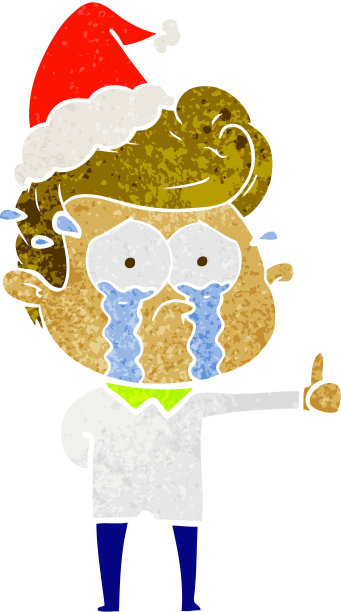 手绘复古卡通：戴圣诞帽的哭泣男人图片下载