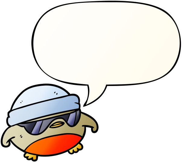 酷的圣诞知更鸟卡通太阳镜与语音泡沫在平滑的渐变风格图片下载