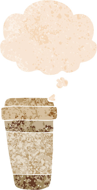 卡通咖啡杯与思想泡在垃圾摇滚苦恼复古纹理风格图片下载