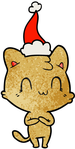 手绘纹理卡通的快乐的猫戴着圣诞老人的帽子图片下载