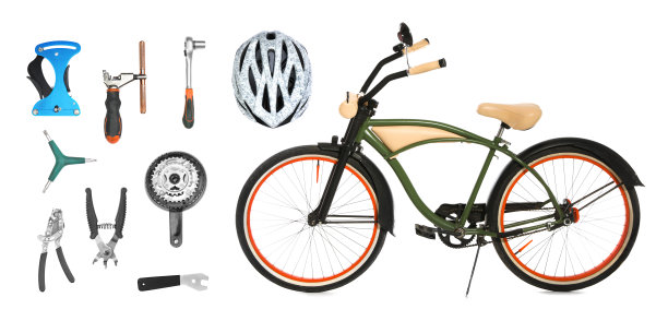 现代自行车，它的细节和工具修理白色背景，拼贴。旗帜设计图片下载