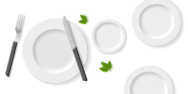 餐具和绿叶元素的写实空盘子构成。从上面看。适用于餐厅、咖啡厅、餐饮场所的布局设计。图片下载