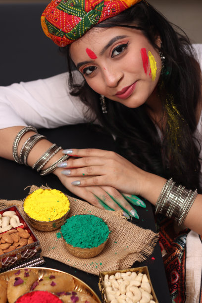 一个美丽的女人女孩女士戴着传统的头巾，用Abeer gulal干色粉和印度甜Gujiya pedukiya kashew庆祝胡里节的色彩图片下载