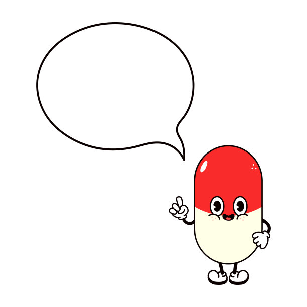 可爱有趣的药丸与语音泡泡。矢量手绘传统卡通复古，复古，可爱的人物插图图标。孤立的白色背景。药丸字符图片下载