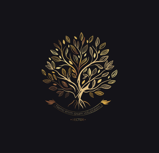 黑色背景上的金色抽象树徽。现代插图。孤立的向量。伟大的标志，字母组合，邀请，传单，菜单，小册子或任何理想的想法。图片下载