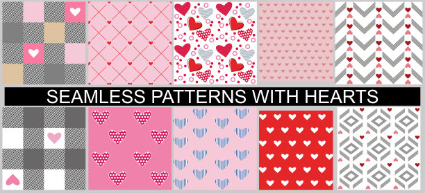 一组无缝的矢量图案。心形笼，圆点，条纹等设计和印刷。图片下载