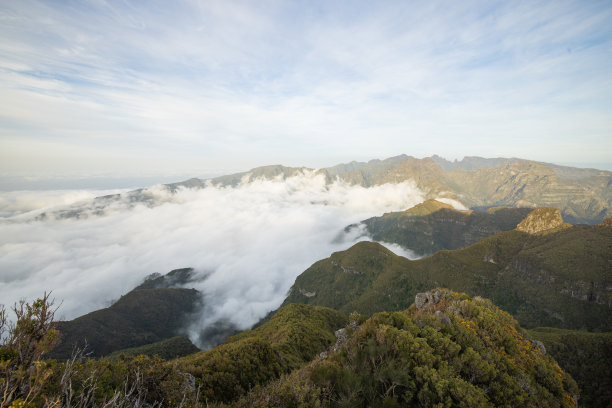 Great view over the volcanic island of Madeira from the viewpoint Pica da Cana with a towering sea of ​​clouds in the background.图片下载