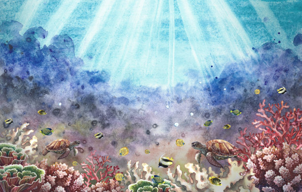 背景与水下海景。手绘水彩画。用于标签、名片和横幅的背景图片下载