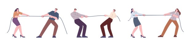 对抗的比喻。男人对男人，女人对女人的竞争。人们拉绳子，上班族争论，商业矢量概念图片下载