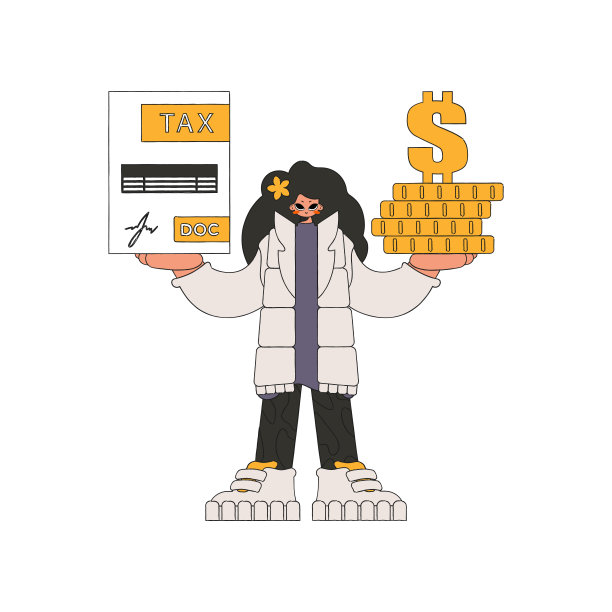 一个时髦的小女孩手里拿着一份税单和硬币。纳税的话题。图片下载