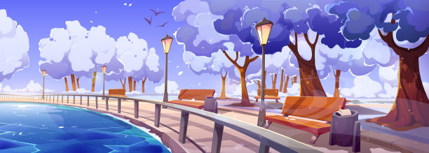 码头在冬季城市公园景观与冰冻海湾图片下载