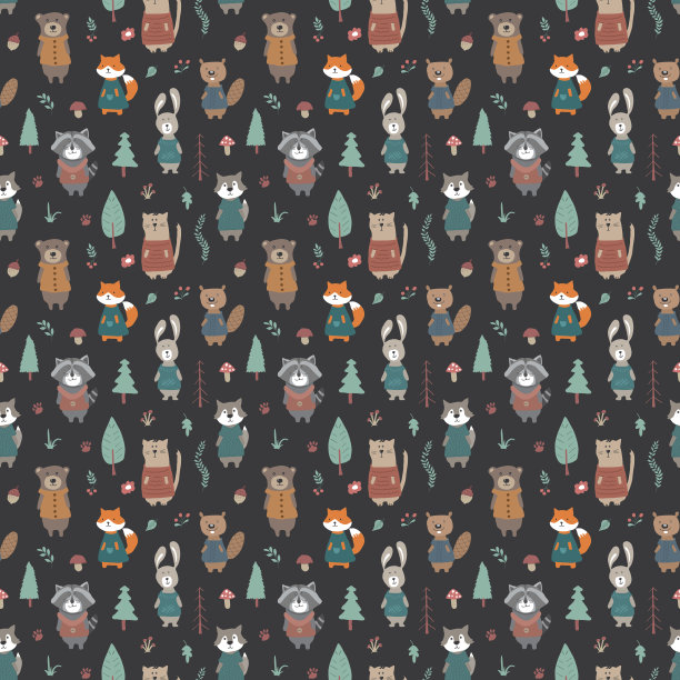 可爱的动物无缝图案。森林背景中的卡通动物。矢量图图片下载