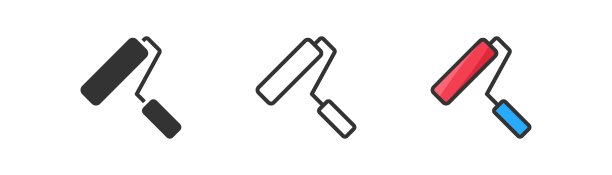 在浅色背景上绘制滚轮图标。油漆的象征。画笔，颜色，重漆，装修，室内，工作工具，艺术。轮廓，平面和彩色风格。平面设计。矢量插图。图片下载