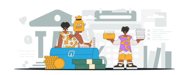 一个优雅的男孩和一个女孩正在纳税。说明纳税对经济发展重要性的插图。图片下载