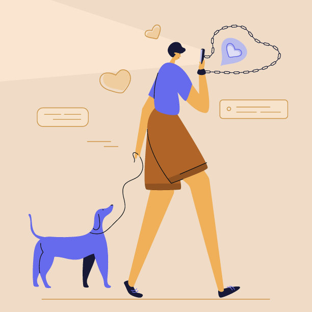 该男子遛狗，拍照，自拍或查看智能手机，在虚拟社交网络聊天。她有毒瘾，坏习惯。关于人与设备、网络游戏连接链条的矢量插图。拯救自己，就会获得自由。图片下载