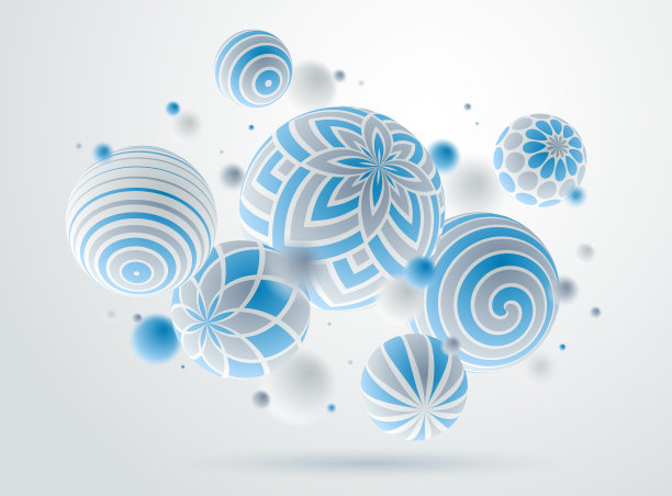 抽象球体矢量背景，组成飞行球装饰图案，三维混合各种现实的球体与饰品，逼真的景深效果。图片下载