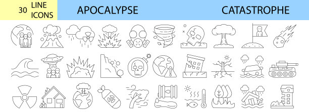 天启、灾难、洪水、飓风、龙卷风、火山爆发等自然灾害和污染图标集（可编辑描边）图片下载