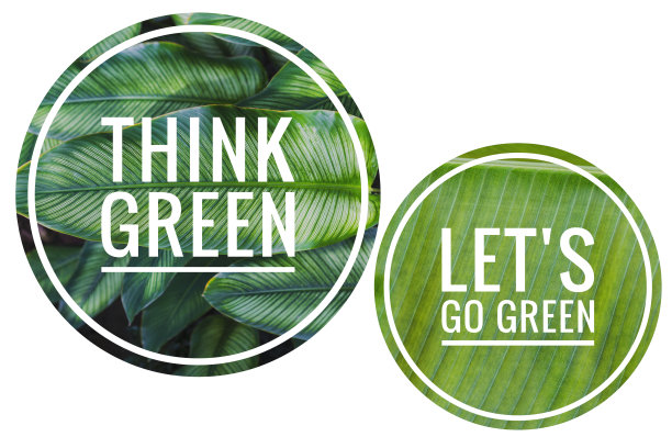 想想绿色，让我们去绿色标志与自然绿叶图案在白色背景图片下载
