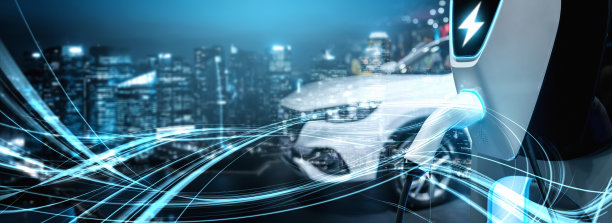 电动汽车充电站以绿色能源和可持续能源生产的生态电力为概念，供应给充电站，以减少二氧化碳排放。图片下载