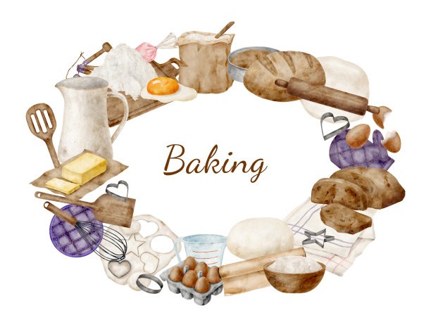 水彩烘焙工具和配料框架。手绘方形边界糕点模板，复制空间隔离在白色背景上。烹饪用具，面包，鸡蛋，面团，打蛋器，围裙，锅铲。图片下载
